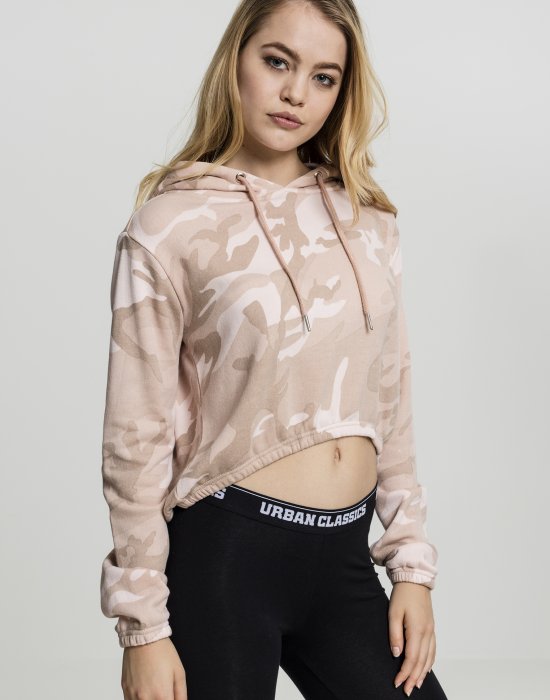 Дамски суичър в розов камуфлаж Urban Classics Ladies Camo Cropped Hoody, Urban Classics, Суичъри - Complex.bg