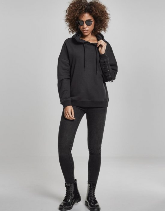 Дамски суичър в черно Urban Classics Ladies Laced-Up Hoody, Urban Classics, Суичъри - Complex.bg