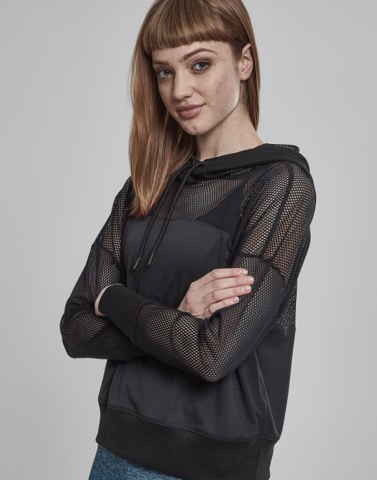 Дамски суичър в черно Urban Classics Ladies Mesh Hoody, Urban Classics, Суичъри - Complex.bg