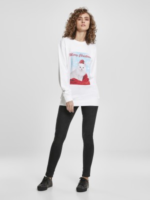 Дамска бяла блуза Mister Tee Merry Christmas Cat