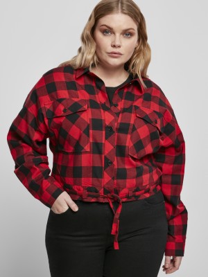 Дамска карирана риза в червено и черно Urban Classics Ladies Short Oversized Check  Дамска карирана риза в червено и черно Urban Classics Ladies Short Oversized Check