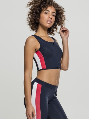 Дамски спортен топ с цип в тъмносин цвят Urban Classics Ladies Side Stripe Cropped Zip Top navy/fire red/white 