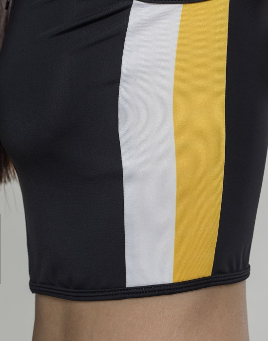 Дамски спортен топ с цип в черен цвят Urban Classics Ladies Side Stripe Cropped Zip Top black/white/chromeyellow, Urban Classics, Топове - Complex.bg