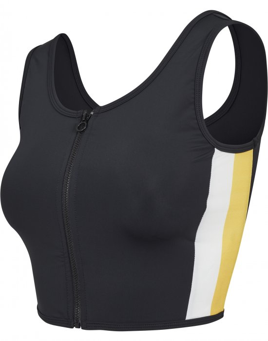 Дамски спортен топ с цип в черен цвят Urban Classics Ladies Side Stripe Cropped Zip Top black/white/chromeyellow, Urban Classics, Топове - Complex.bg