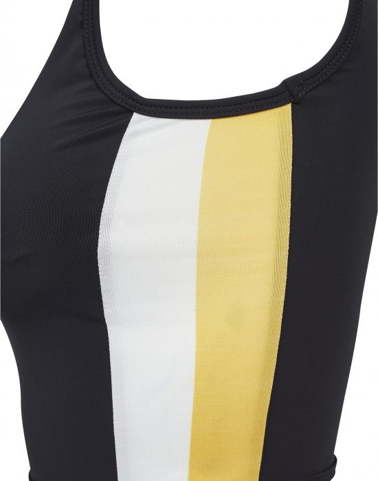 Дамски спортен топ с цип в черен цвят Urban Classics Ladies Side Stripe Cropped Zip Top black/white/chromeyellow, Urban Classics, Топове - Complex.bg