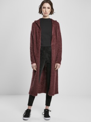 Дамска жилетка в тъмночервено Urban Classics Ladies Hooded Feather Cardigan 