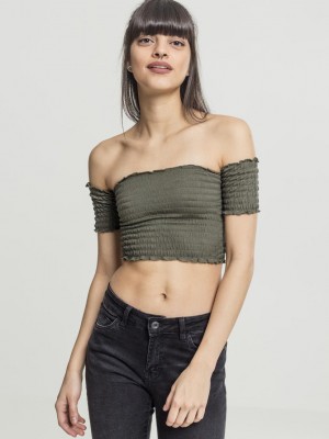 Дамски топ в масленозелен цвят Urban Classics Ladies Cropped Cold Shoulder Smoke Top olive 