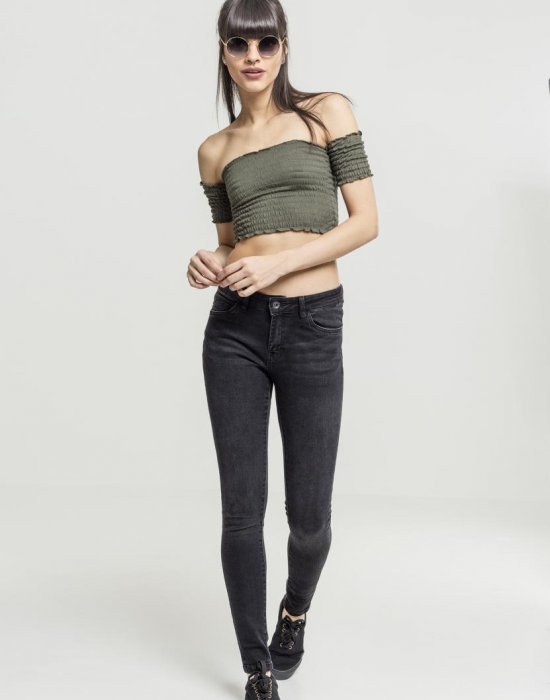 Дамски топ в масленозелен цвят Urban Classics Ladies Cropped Cold Shoulder Smoke Top olive, Urban Classics, Топове - Complex.bg