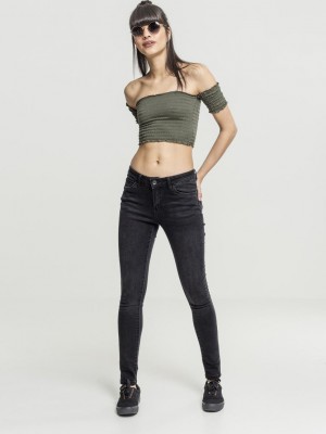 Дамски топ в масленозелен цвят Urban Classics Ladies Cropped Cold Shoulder Smoke Top olive 