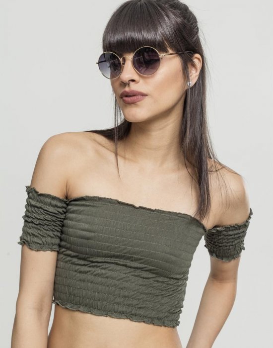 Дамски топ в масленозелен цвят Urban Classics Ladies Cropped Cold Shoulder Smoke Top olive, Urban Classics, Топове - Complex.bg