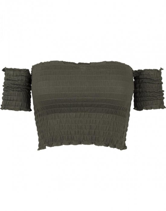 Дамски топ в масленозелен цвят Urban Classics Ladies Cropped Cold Shoulder Smoke Top olive, Urban Classics, Топове - Complex.bg