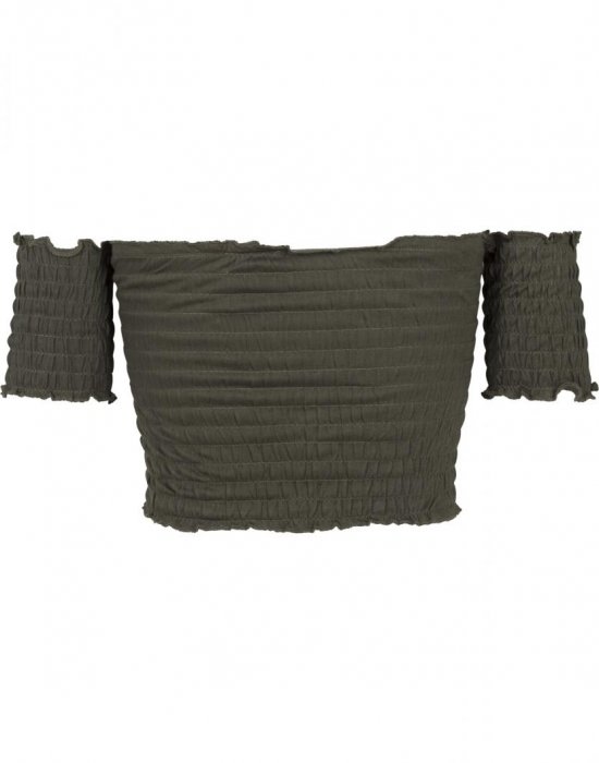 Дамски топ в масленозелен цвят Urban Classics Ladies Cropped Cold Shoulder Smoke Top olive, Urban Classics, Топове - Complex.bg