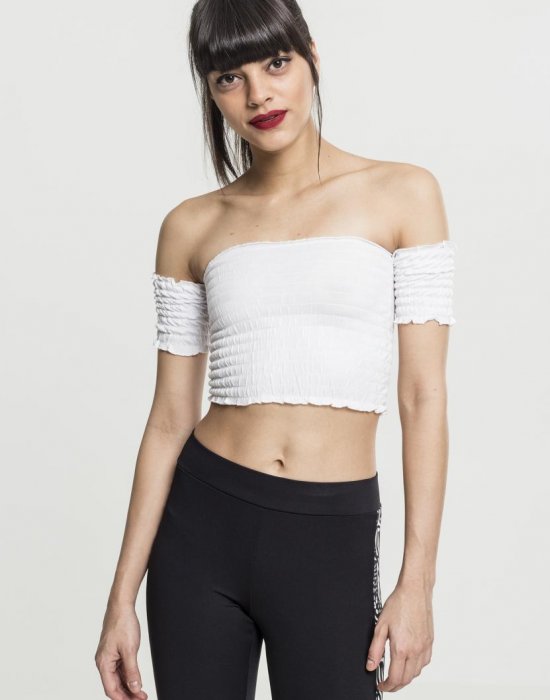 Дамски топ в бял цвят Urban Classics Ladies Cropped Cold Shoulder Smoke Top white, Urban Classics, Топове - Complex.bg