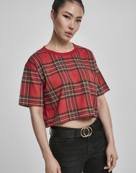 Дамска карирана къса тениска Urban Classics Ladies AOP Tartan Short Oversized Tee red/blk, Urban Classics, Тениски - Complex.bg