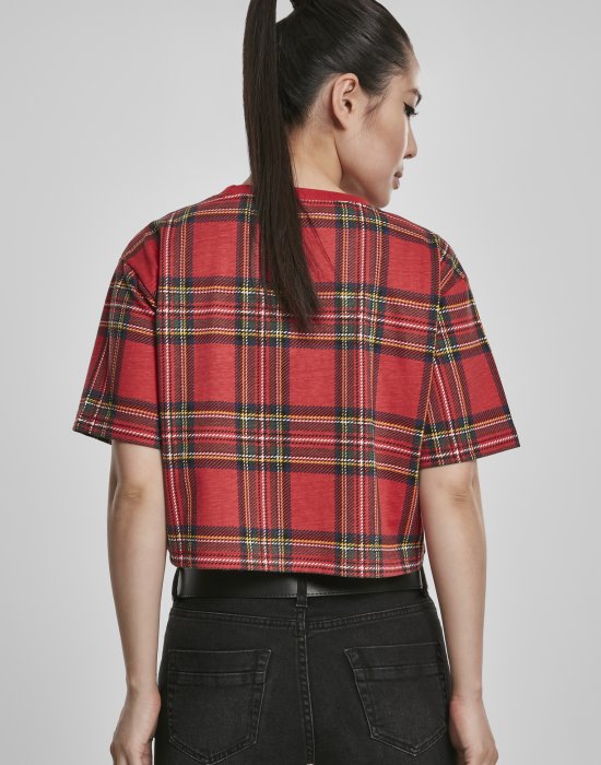 Дамска карирана къса тениска Urban Classics Ladies AOP Tartan Short Oversized Tee red/blk, Urban Classics, Тениски - Complex.bg