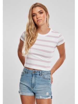 Дамска къса тениска на райета в бял цвят Urban Classics Ladies Stripe Cropped Tee white/girlypink 