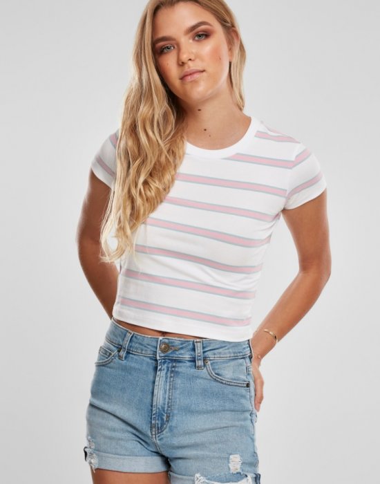 Дамска къса тениска на райета в бял цвят Urban Classics Ladies Stripe Cropped Tee white/girlypink, Urban Classics, Тениски - Complex.bg