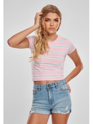 Дамска къса тениска на райета в розов цвят Urban Classics Ladies Stripe Cropped Tee girlypink/oceanblue 