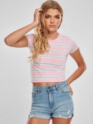 Дамска къса тениска на райета в розов цвят Urban Classics Ladies Stripe Cropped Tee girlypink/oceanblue 