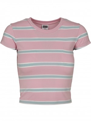 Дамска къса тениска на райета в розов цвят Urban Classics Ladies Stripe Cropped Tee girlypink/oceanblue 