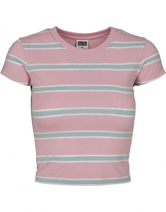 Дамска къса тениска на райета в розов цвят Urban Classics Ladies Stripe Cropped Tee girlypink/oceanblue, Urban Classics, Тениски - Complex.bg