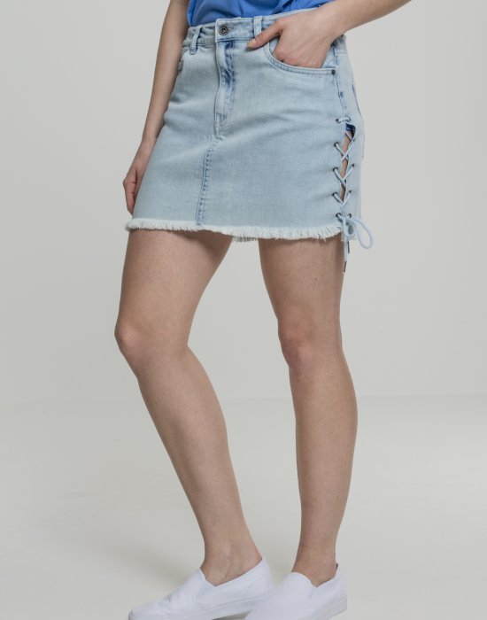 Дамска дънкова пола с връзки в син цвят Urban Classics Ladies Denim Lace Up Skirt blue bleached, Urban Classics, Рокли - Complex.bg