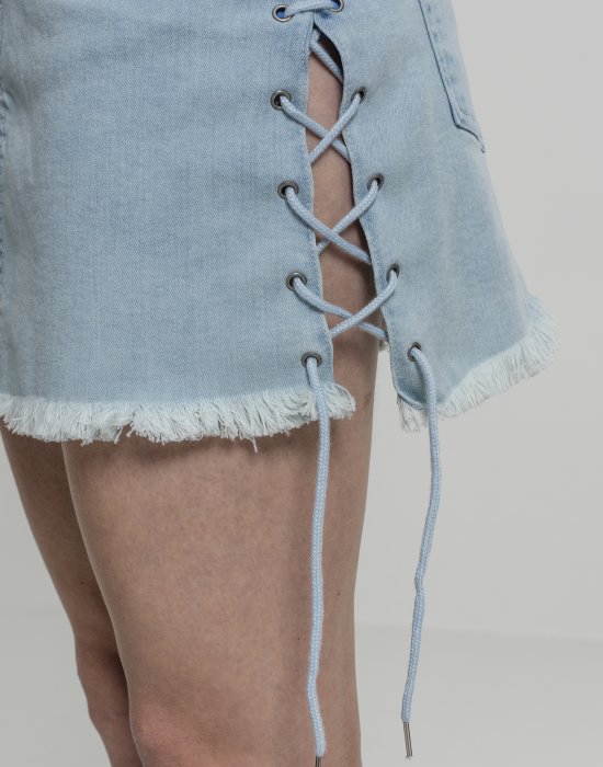 Дамска дънкова пола с връзки в син цвят Urban Classics Ladies Denim Lace Up Skirt blue bleached, Urban Classics, Рокли - Complex.bg