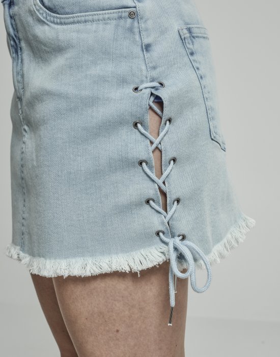 Дамска дънкова пола с връзки в син цвят Urban Classics Ladies Denim Lace Up Skirt blue bleached, Urban Classics, Рокли - Complex.bg