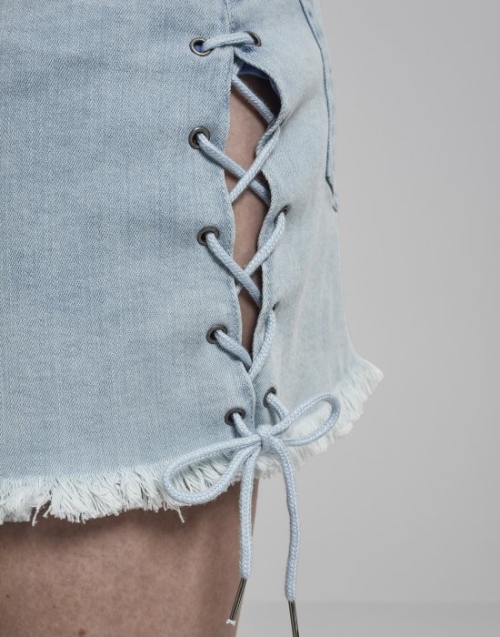 Дамска дънкова пола с връзки в син цвят Urban Classics Ladies Denim Lace Up Skirt blue bleached, Urban Classics, Рокли - Complex.bg