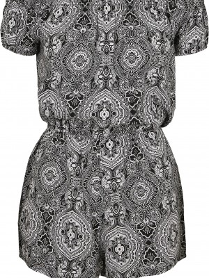 Дамски къс гащеризон на черно-бели мотиви Urban Classics Ladies AOP Off Shoulder Short 