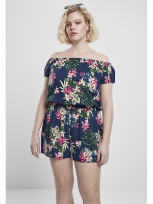 Дамски къс гащеризон в тъмносиньо на флорални мотиви Urban Classics Ladies AOP Off Shoulder Short 