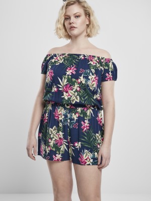 Дамски къс гащеризон в тъмносиньо на флорални мотиви Urban Classics Ladies AOP Off Shoulder Short 