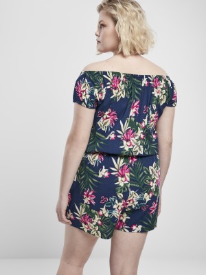 Дамски къс гащеризон в тъмносиньо на флорални мотиви Urban Classics Ladies AOP Off Shoulder Short 