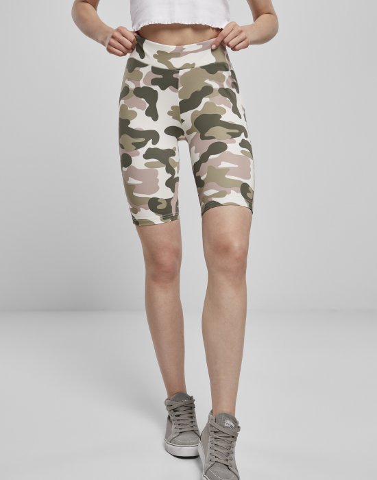 Дамски къс клин в камуфлажен десен Urban Classics High Waist Camo Tech Cycle Shorts duskrose camo, Urban Classics, Клинове - Complex.bg