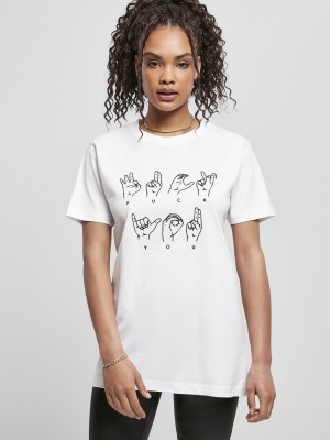 Дамска тениска в бял цвят Mister Tee Ladies FU Sign Language 