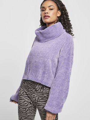 Дамски къс пуловер в лилав цвят Urban Classics Ladies Short Chenille Turtleneck Sweater