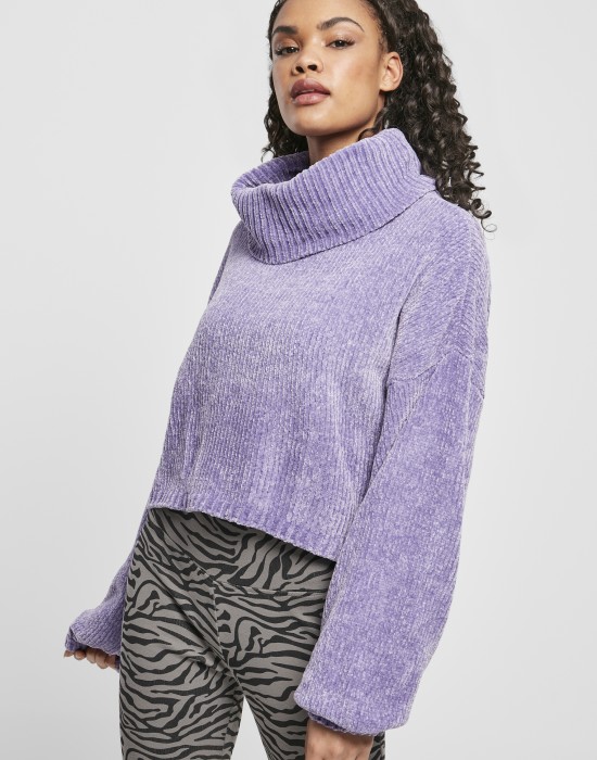 Дамски къс пуловер в лилав цвят Urban Classics Ladies Short Chenille Turtleneck Sweater, Urban Classics, Блузи - Complex.bg