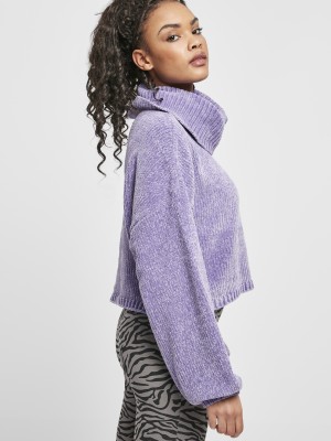 Дамски къс пуловер в лилав цвят Urban Classics Ladies Short Chenille Turtleneck Sweater