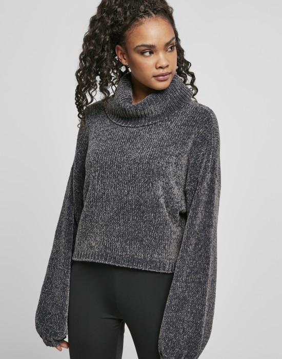 Дамски къс пуловер в сив цвят Urban Classics Ladies Short Chenille Turtleneck Sweater, Urban Classics, Блузи - Complex.bg