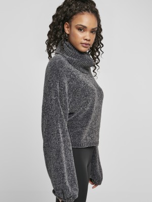 Дамски къс пуловер в сив цвят Urban Classics Ladies Short Chenille Turtleneck Sweater  Дамски къс пуловер в сив цвят Urban Classics Ladies Short Chenille Turtleneck Sweater