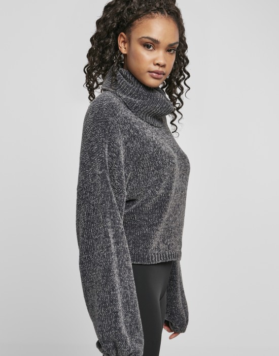 Дамски къс пуловер в сив цвят Urban Classics Ladies Short Chenille Turtleneck Sweater, Urban Classics, Блузи - Complex.bg