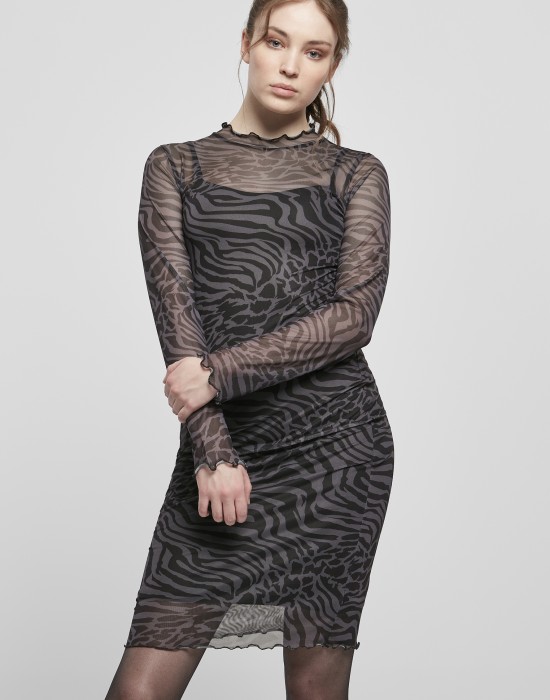 Дамска двуслойна рокля в черен цвят Urban Classics  Ladies AOP Double Layer Dress, Urban Classics, Рокли - Complex.bg