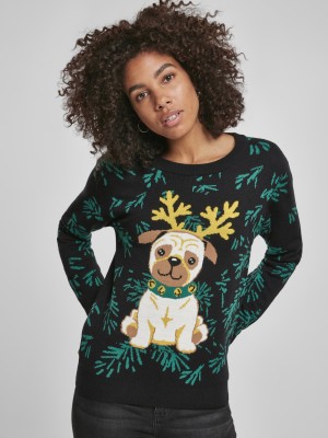 Дамска блуза в черно с коледни мотиви Urban Classics Ladies Pug Christmas Sweater 