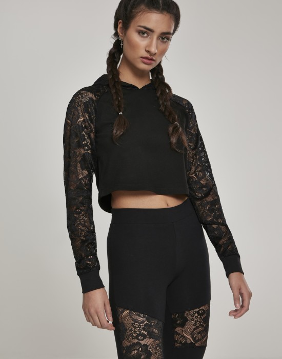 Дамски суичър в черно Urban Classics Ladies Short Laces Hoody, Urban Classics, Суичъри - Complex.bg