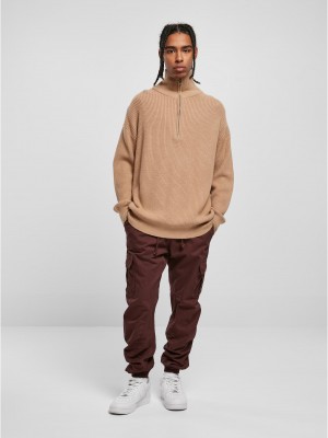 Мъжки плетен пуловер с висока яка в бежово Urban Classics Troyer Мъжки плетен пуловер с висока яка в бежово Urban Classics Troyer