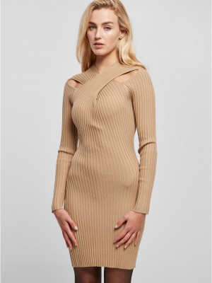 Дамска плетена рокля в бежов цвят Urban Classics Crossed Rib Knit Dress