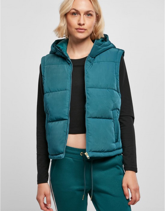 Дамска грейка с качулка в цвят тюркоаз Urban Classics Puffer Vest, Urban Classics, Якета - Complex.bg