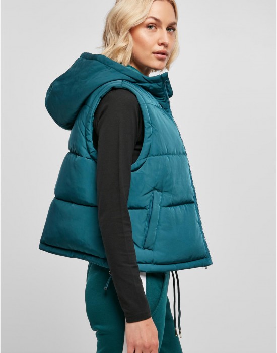 Дамска грейка с качулка в цвят тюркоаз Urban Classics Puffer Vest, Urban Classics, Якета - Complex.bg