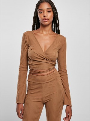 Дамска блуза в бежов цвят Urban Classics Rib Wrapped Longsleeve Дамска блуза в бежов цвят Urban Classics Rib Wrapped Longsleeve