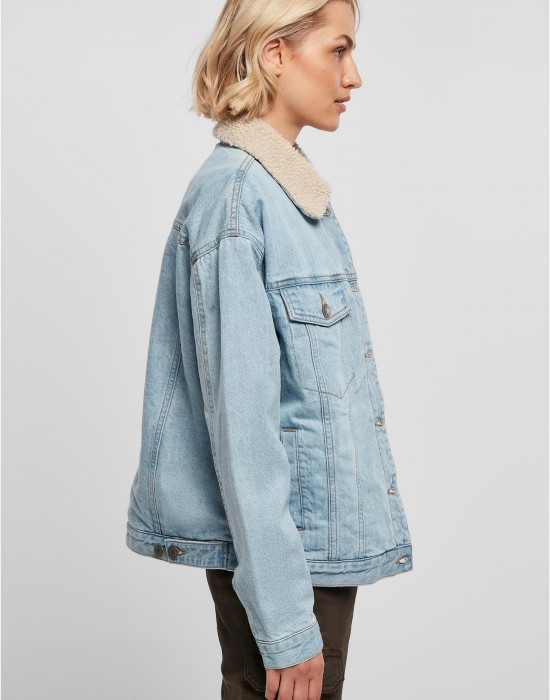 Дамско дънково яке с пухкава яка в светлосиньо Ladies Denim Jacket, Urban Classics, Якета - Complex.bg